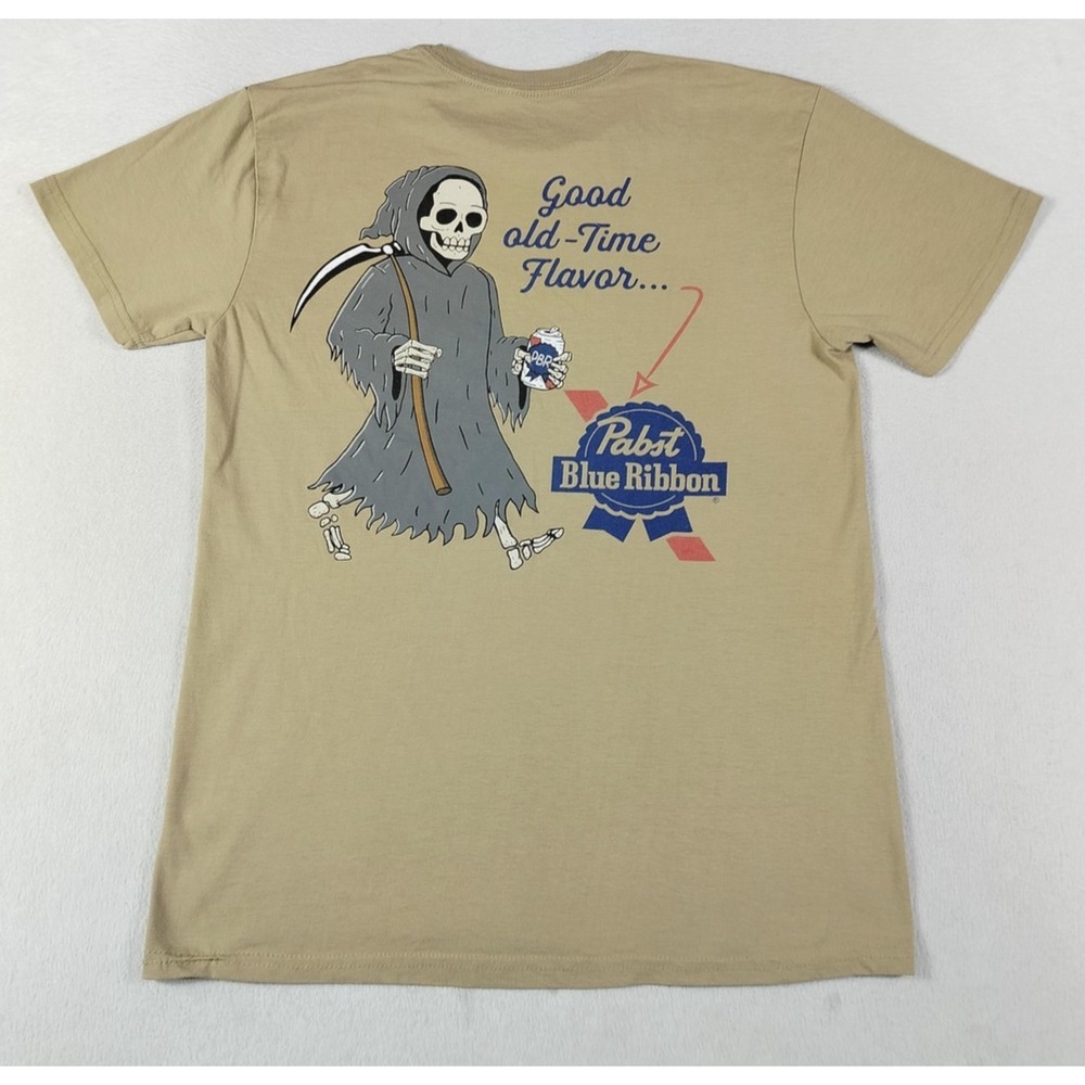 Pabst Blue Ribbon Changes Shirt‎ Mens Medium Beige Grim Reaper Beer Graphic Tee
